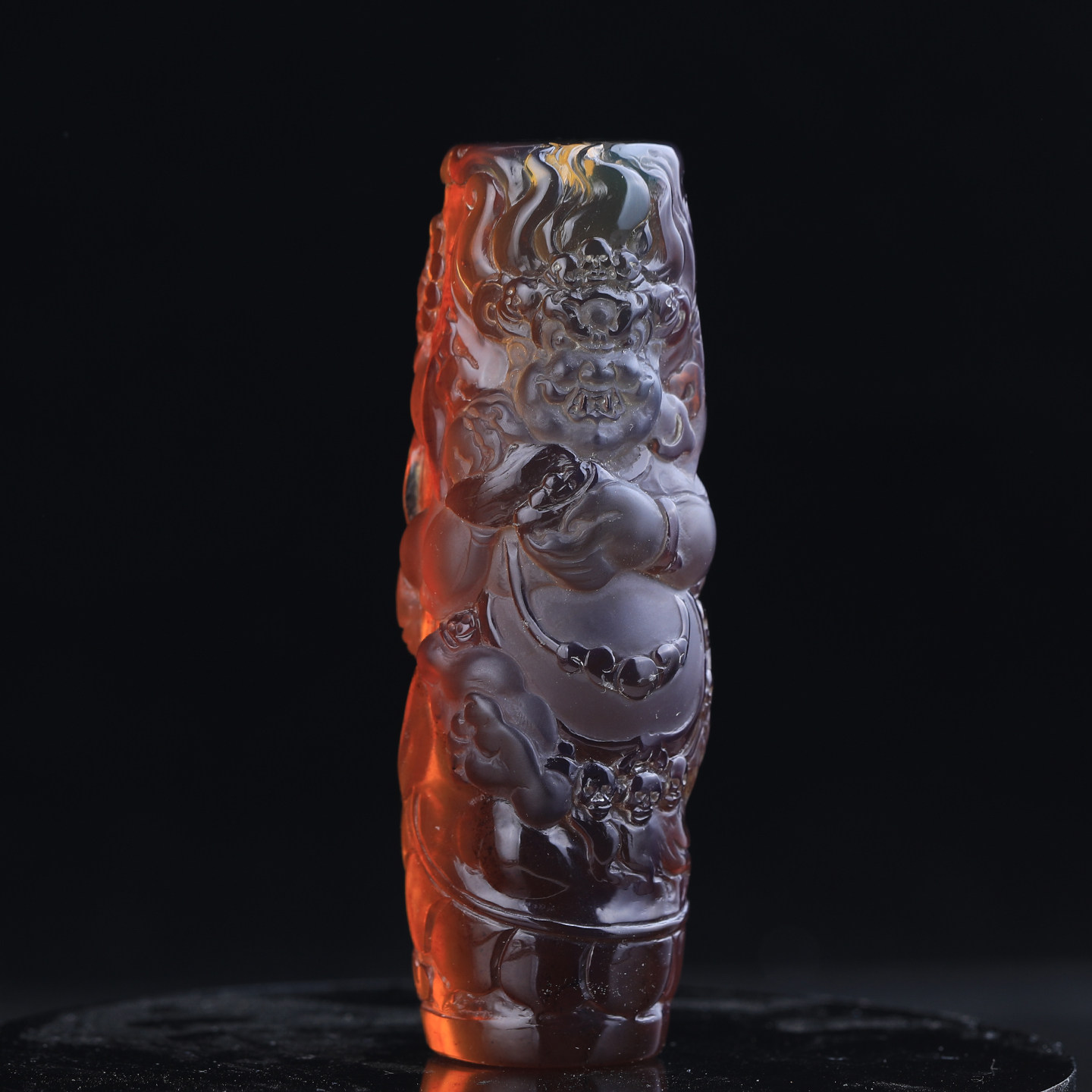 万福天然缅甸琥珀黑财神天珠红蜜手工立体雕刻法器金刚杵藏式个性