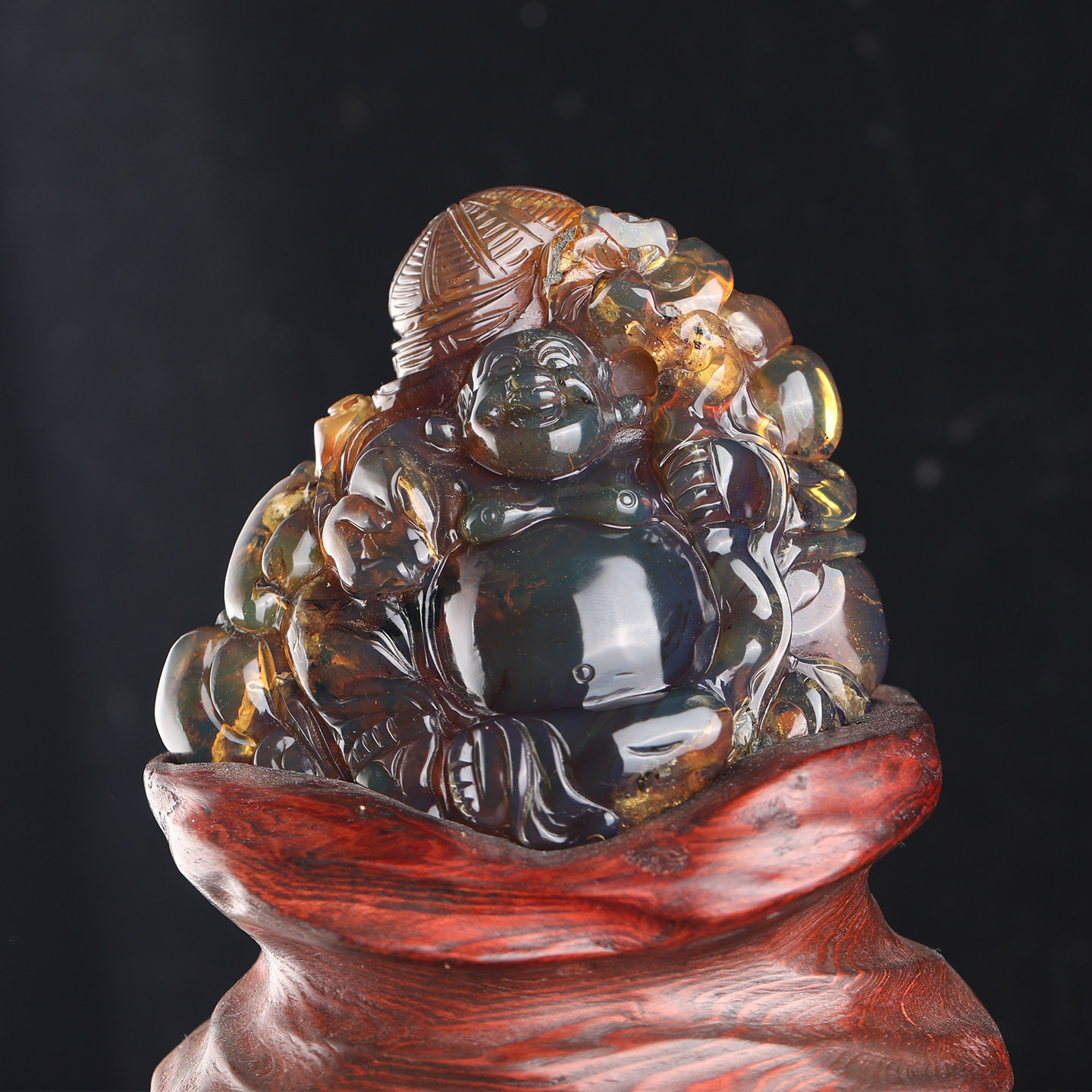 天然缅甸琥珀棕红蜜雕刻弥勒佛大肚佛笑佛摆件佛像收藏笑佛像摆件
