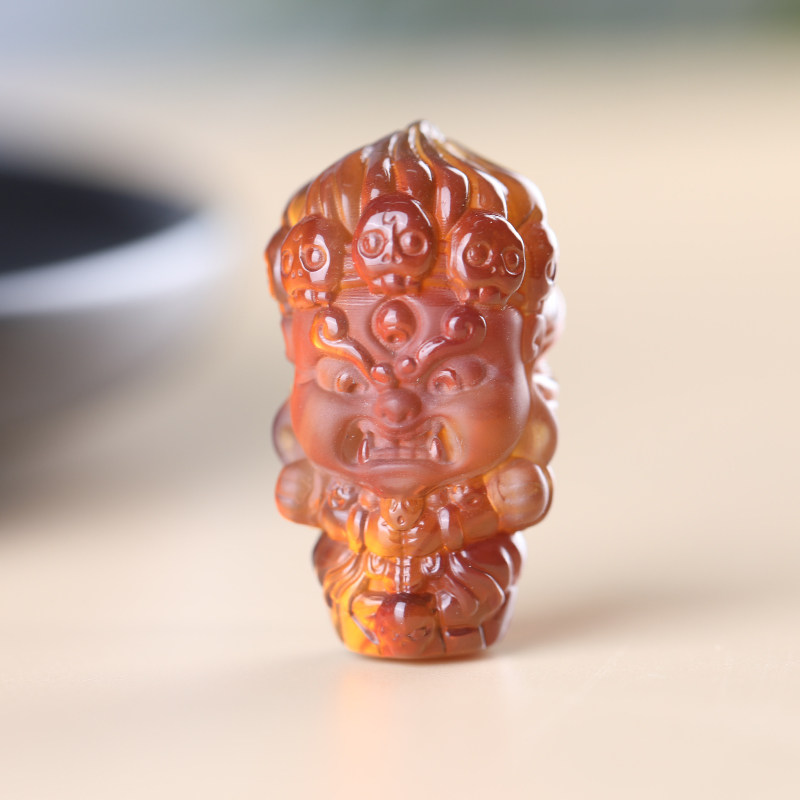 天然缅甸琥珀棕珀棕蜜紫罗兰精雕黑财神大黑天小吊坠配饰三通摆件