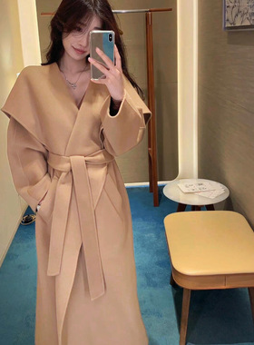 2025M家Rienza大翻领山羊绒大衣双面水波纹中长款系带毛呢外套女