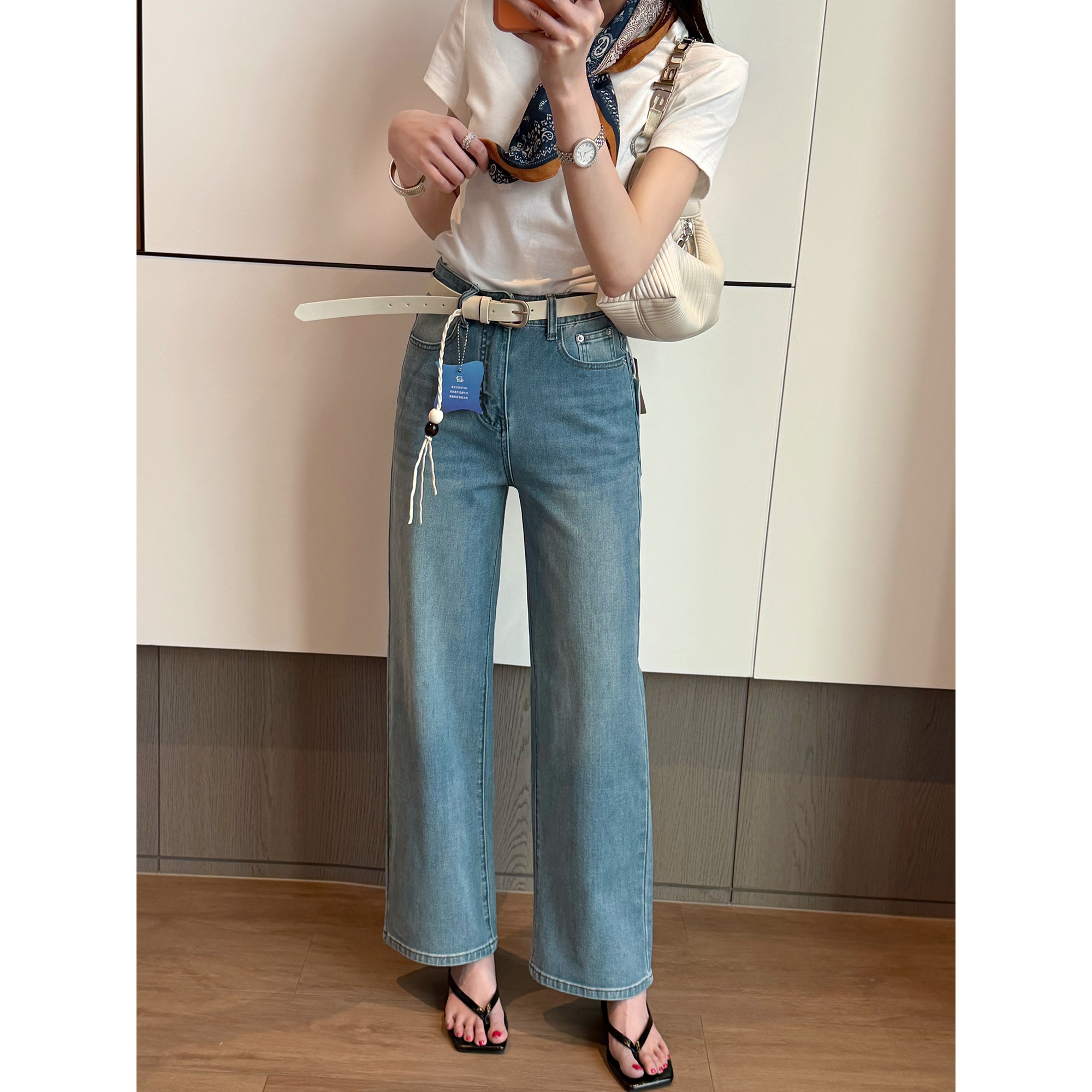 大码裤女装辣妹牛仔裤女夏季薄款高腰四面弹窄版小个子九分直筒裤
