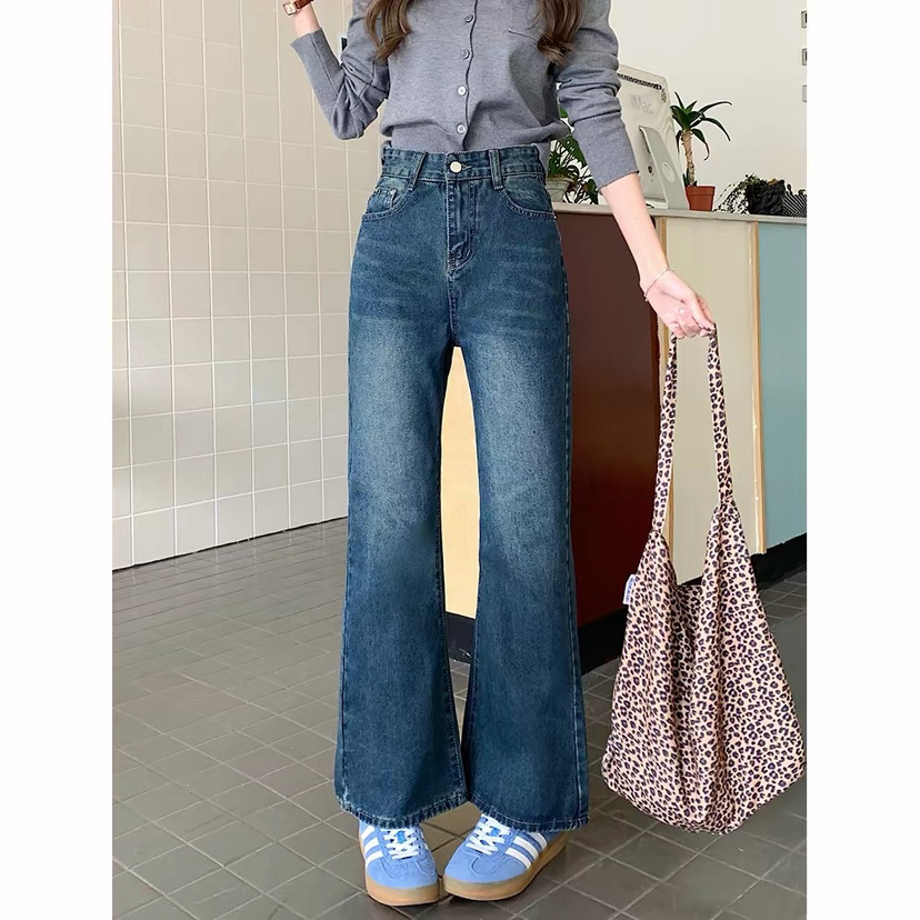 女装复古水洗微喇牛仔裤女2026春季新款高腰宽松显瘦蓝色喇叭长裤