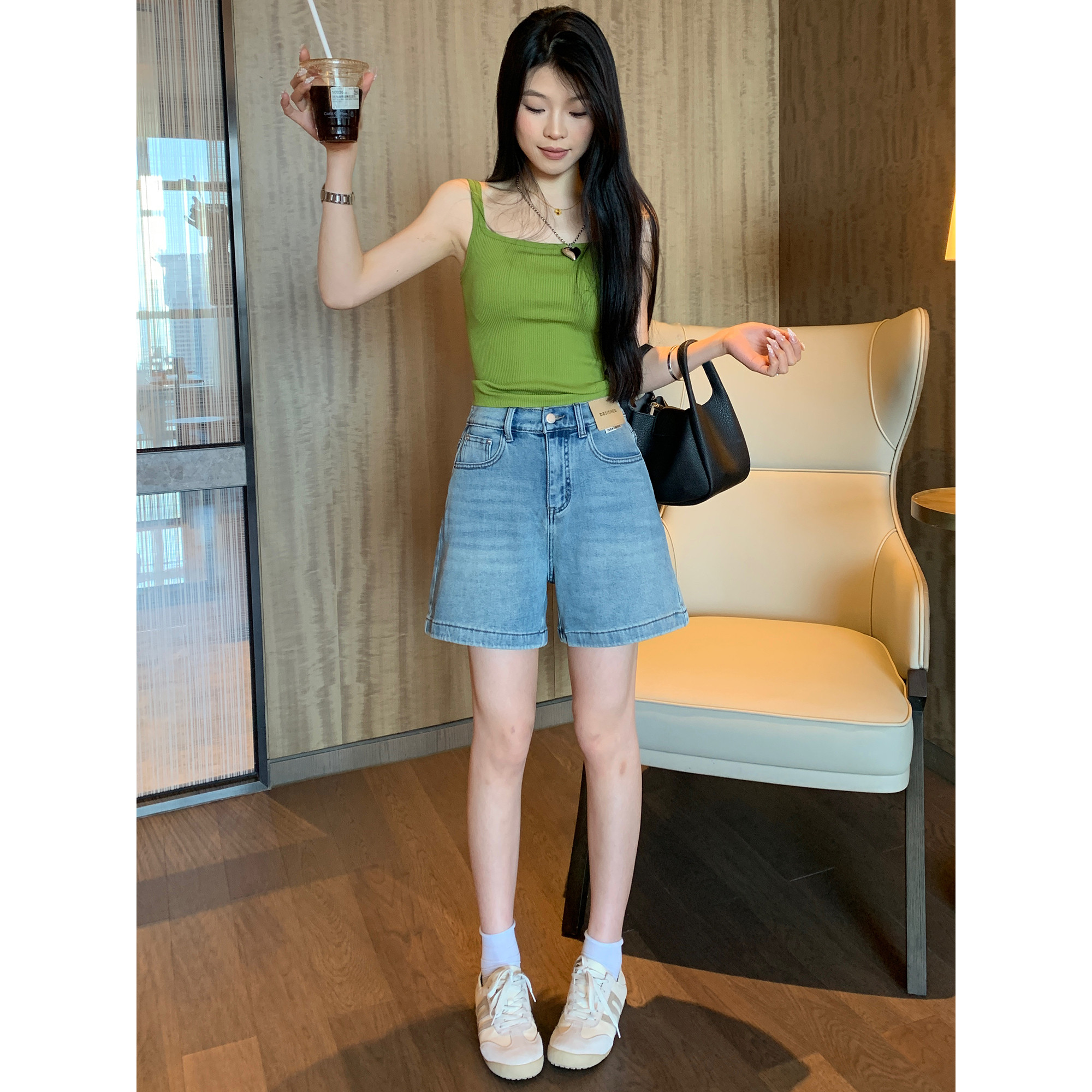 大码PMM女装辣妹牛仔裤女夏季薄款松紧腰弹力小个子百搭四分短裤
