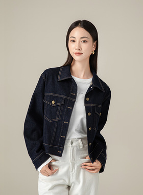 忆霏 底抓毛加厚牛仔外套女2024新款丹宁蓝复古显瘦短款夹克