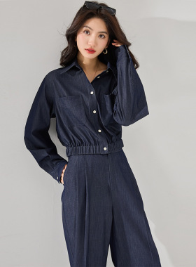 25春夏蓝色仿牛仔简约宽松休闲短款衬衫外套阔腿裤套装女18153