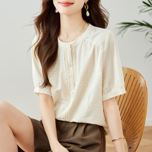 法式 新款 圆领短袖 女小清新2026年夏季 设计感百搭衬衣 衬衫 棉茧