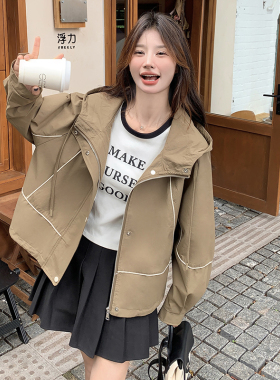 卡其色休闲连帽夹克外套女短款2025秋韩版设计感宽松运动工装上衣