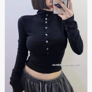 韩国直邮AGA阿加姐代购时尚高领多扣打底T