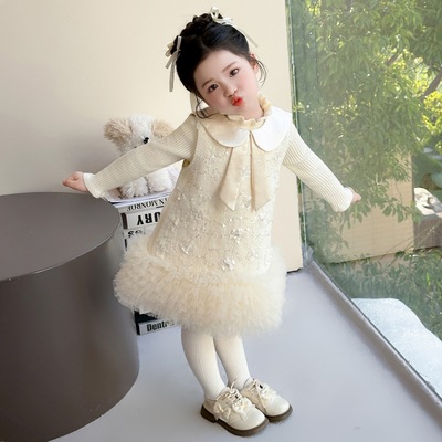 韩版女童冬款娃娃领蛋糕裙套装2025新款洋气小香风公主裙童装