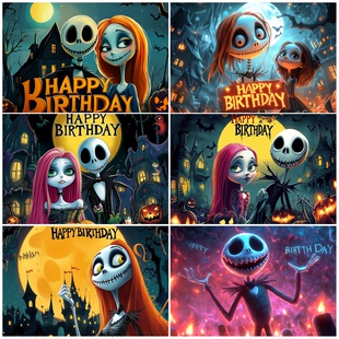 万圣节恐怖南瓜头月亮黑夜古城堡害怕蝙蝠坟地墓碑浓雾装饰背景布