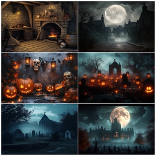 万圣节恐怖南瓜头月亮黑夜古城堡害怕蝙蝠坟地墓碑浓雾装饰背景布