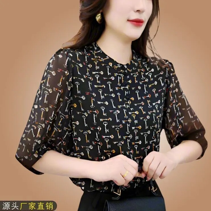 衬衣五分袖圆领碎花025春夏新款时尚印花小衫洋气减龄女衬衫