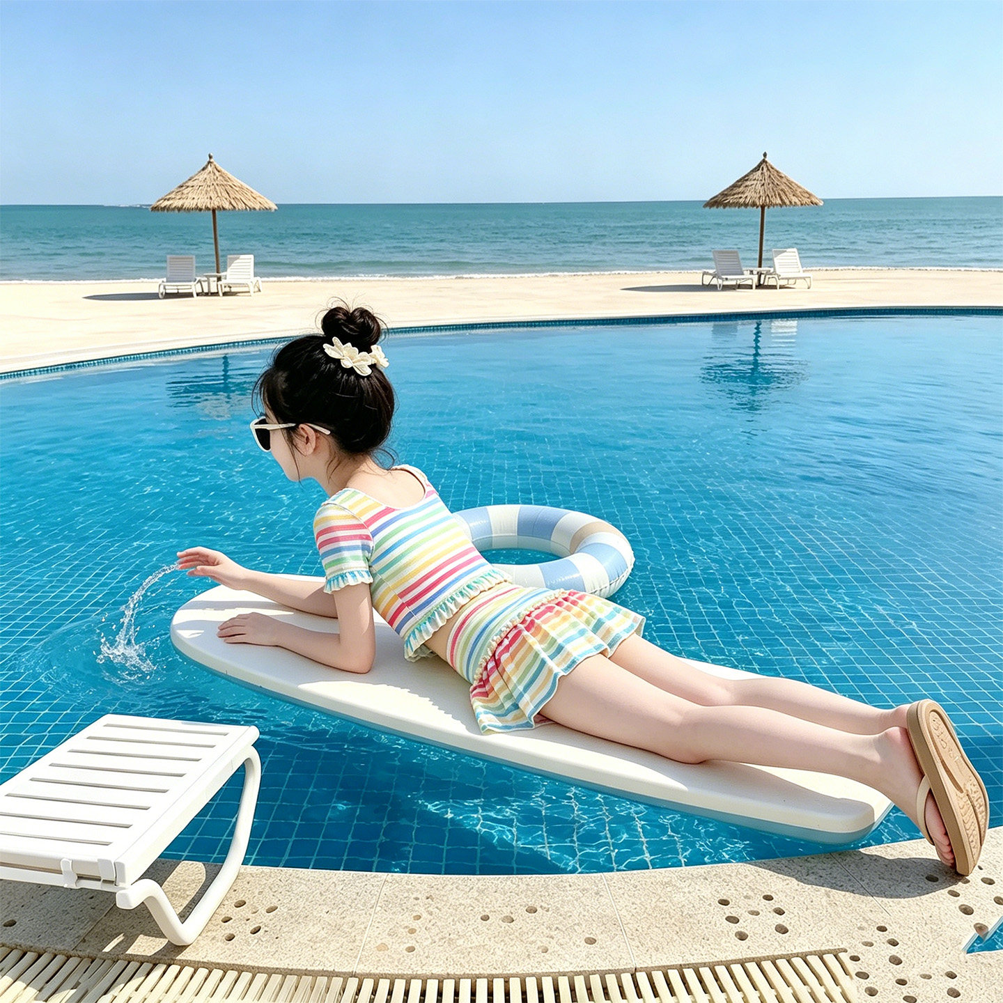 女童泳衣套装夏季新款彩虹条纹分体式泳装中大童速干防走光游泳衣