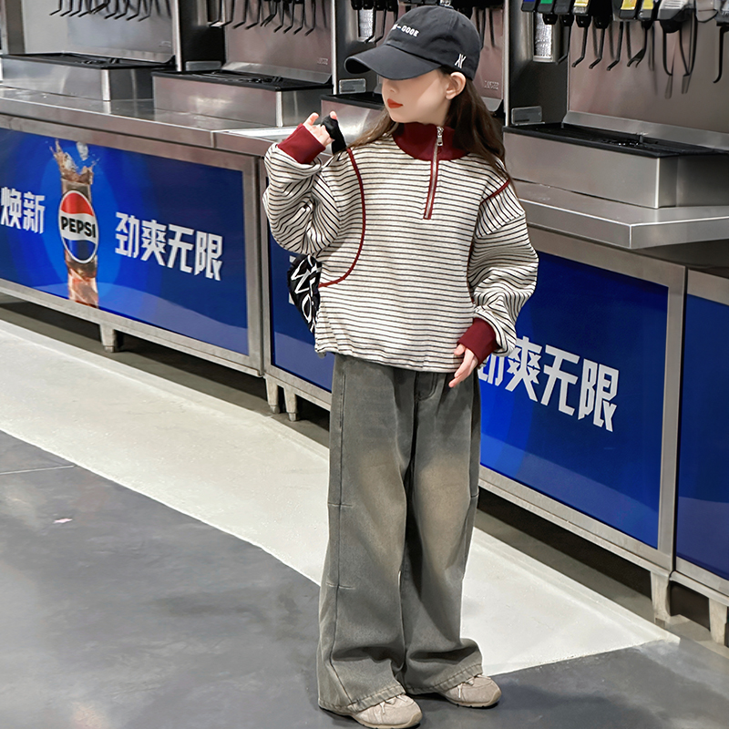 女童立领卫衣加绒秋冬2025新款中大童撞色套头衫加厚纯棉条纹上衣