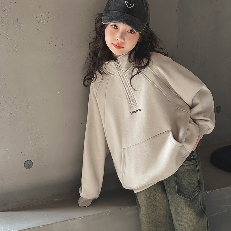 女童立领卫衣春秋2025新款中大童套头衫纯棉韩版女孩拼接上衣百搭