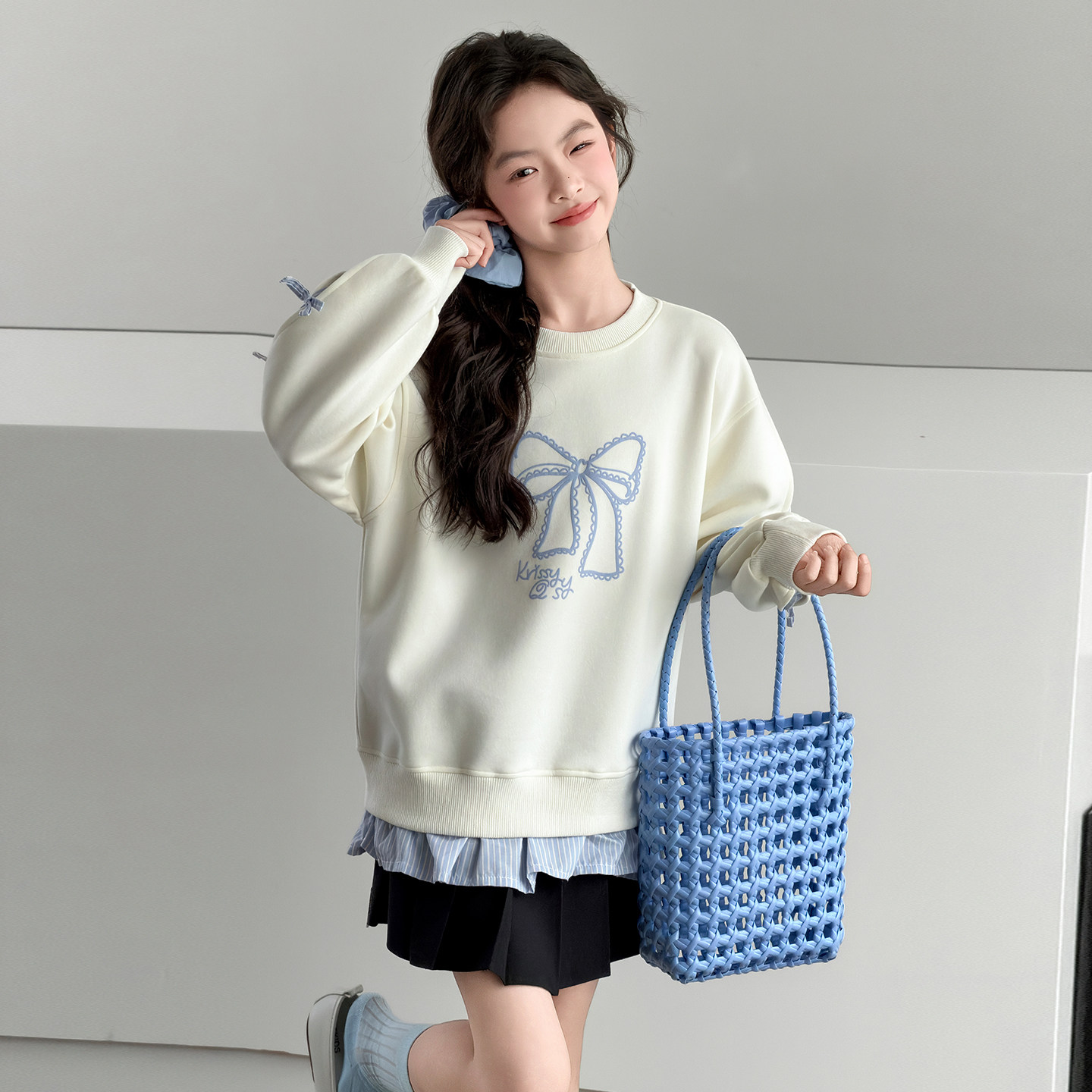 秋冬女童韩版假两件加绒卫衣洋气