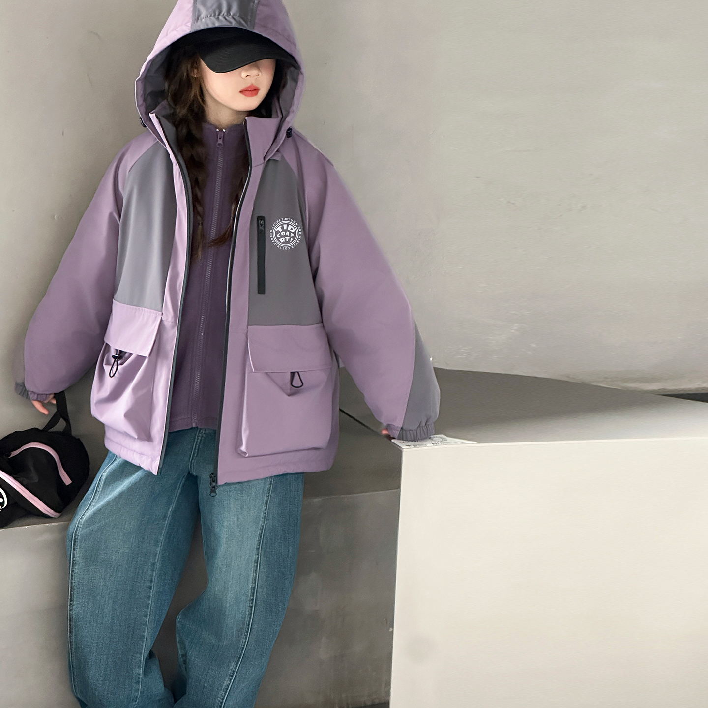 女童三合一冲锋衣秋冬装2025新款中大童连帽加厚外套韩版拼色棉服