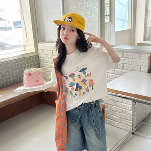 女童短袖套装夏季新款10-16中大童印花T恤纯棉洋气牛仔中裤两件套