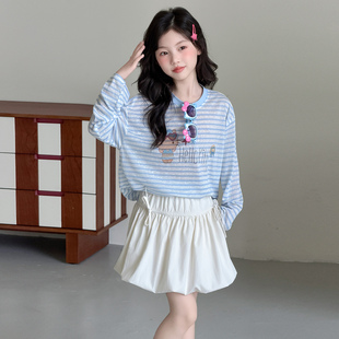 女童防晒衣套装夏季2026新款中大童条纹kitty猫T恤休闲短裙两件套