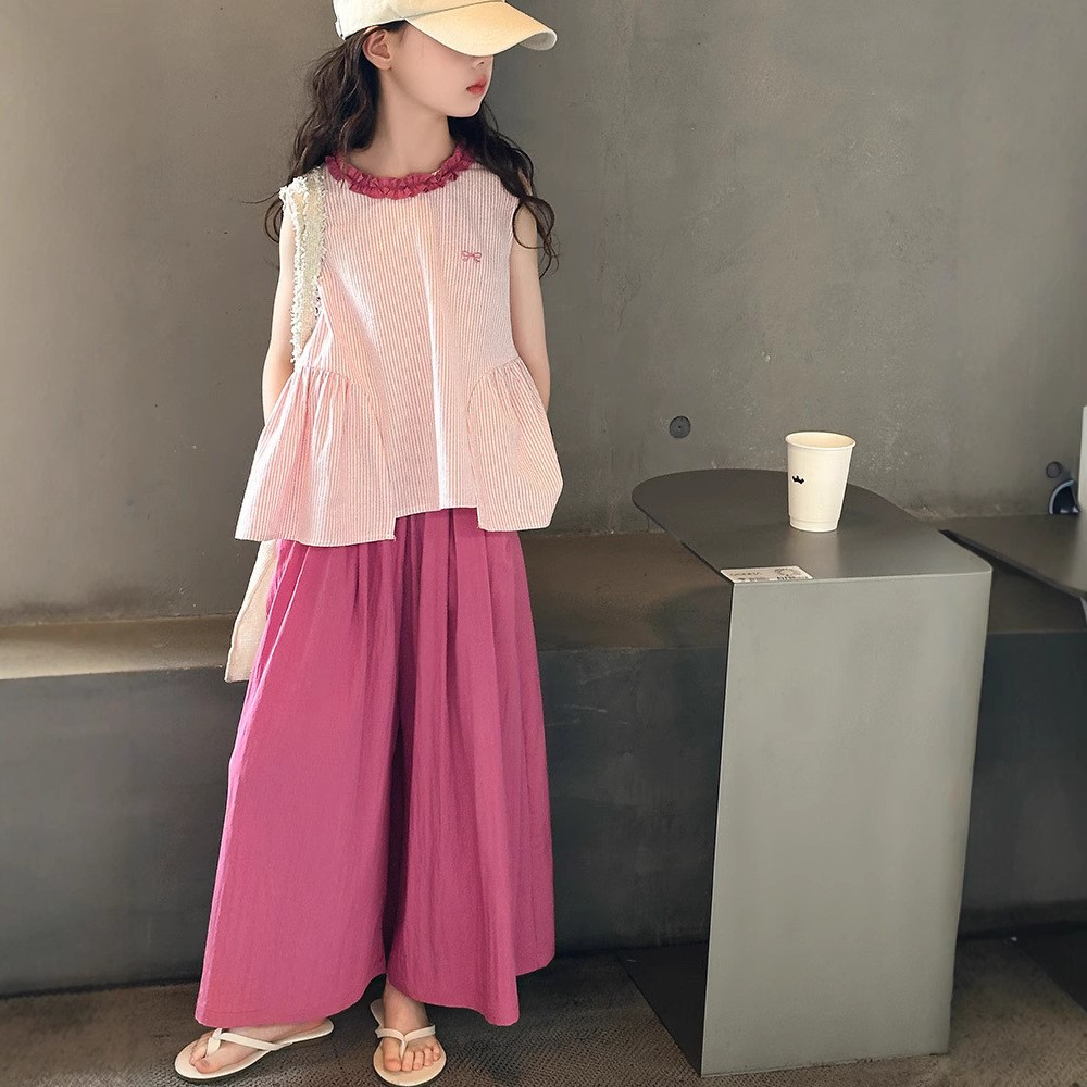 女童条纹套装夏季2025新款中大童无袖花边领上衣纯棉阔腿裤两件套