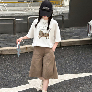 韩版女童夏季卡通印花短袖T恤纯棉中裤两件套洋气9中大童休闲套装