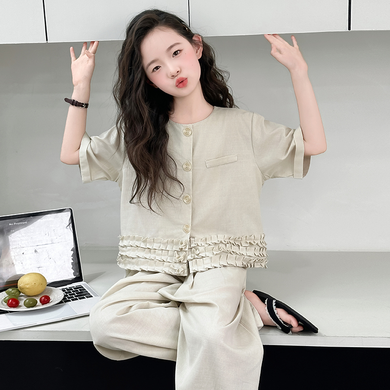 女童棉麻套装夏季2025新款中大童木耳边拼接上衣阔腿裤两件套洋气