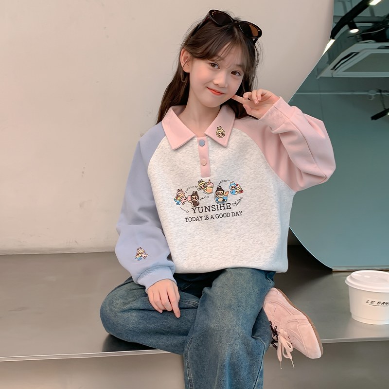 秋冬女童韩版印花卫衣polo领上衣