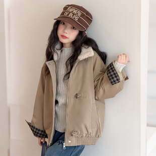 女童毛领派克服外套秋冬新款格子拼接设计感洋气韩系夹棉上衣大童