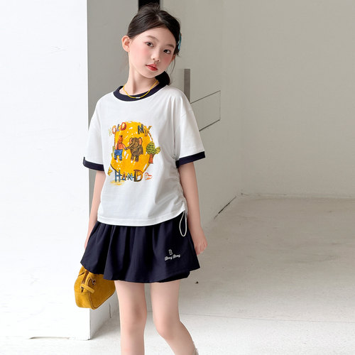 女童套装夏季撞色短袖裙裤两件套