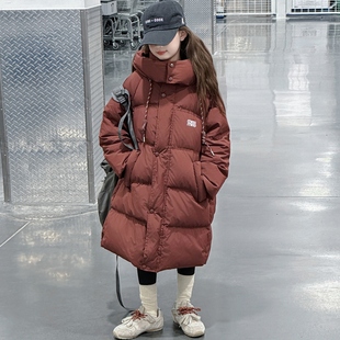 女童连帽羽绒服秋冬2025新款中大童刺绣外套中长款洋气白鸭绒上衣