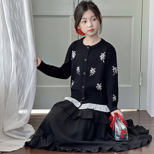 女童套装春秋季2026新款中大童亮片开衫毛衣韩版花边半身裙两件套