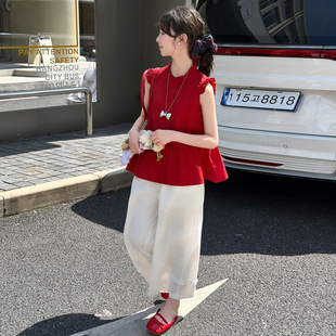 女童套装韩系洋气休闲夏装中大童红色小飞袖上衣轻薄阔腿裤两件套