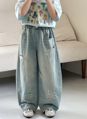 儿童牛仔裤女童宽松直筒裤卡通刺绣浅蓝色长裤春夏装薄款休闲裤子