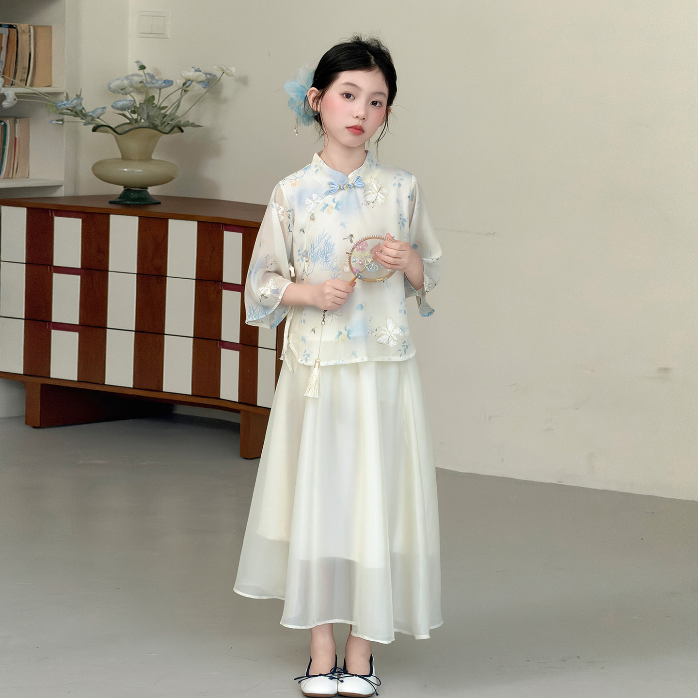 女童新中式盘扣刺绣汉服裙套装夏