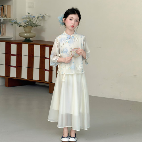 女童新中式盘扣刺绣汉服裙套装夏