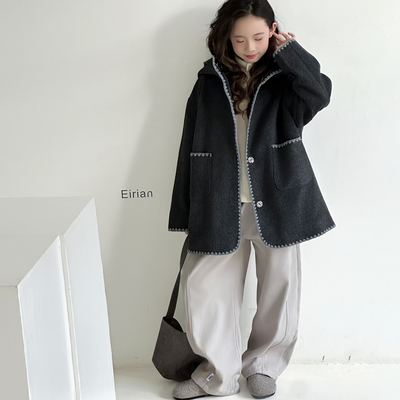 夹棉呢大衣秋冬装连帽中长款外套