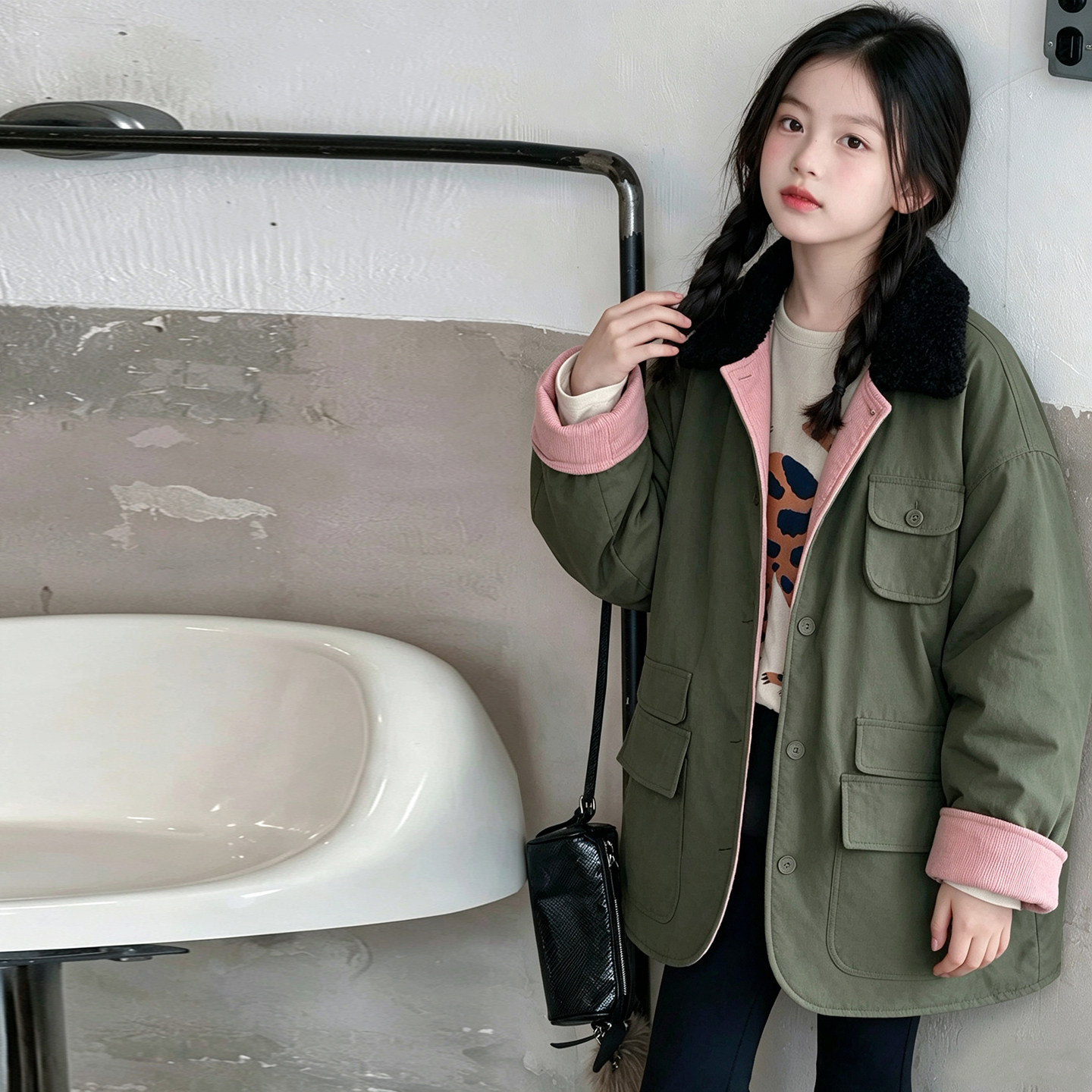 女童风衣秋冬夹棉工装外套中长款
