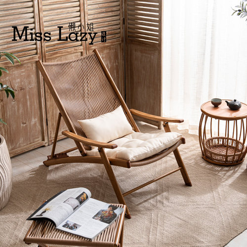 懒小姐户外用复古风可折叠收纳藤编椅子家用阳台庭院单人午休躺椅