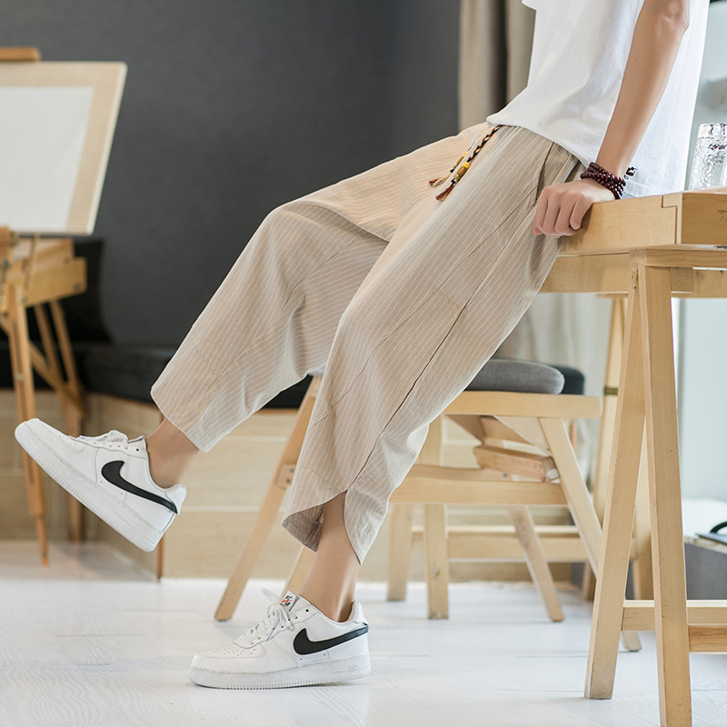 2025春夏风九分裤男宽松条纹阔腿裤潮流棉麻休闲裤K57P40，男装休闲裤，星座220-2