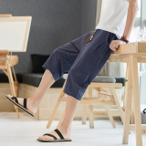 2025夏季七分裤男风条纹沙滩裤潮流大码棉麻休闲短裤K76P35，男装牛仔裤，星座220-2