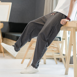 春夏风条纹休闲裤男宽松大码阔腿长裤子潮流棉麻哈伦裤K75P45，男装休闲裤，星座220-2