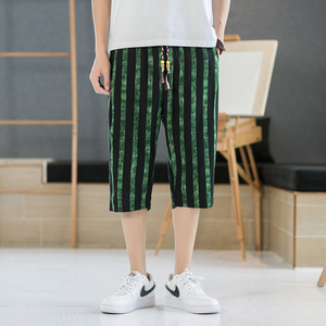 夏季风条纹七分裤男宽松大码直筒哈伦沙滩裤潮五分短裤K49P35图片