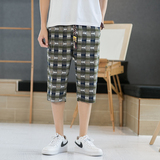 2025夏季风七分裤男宽松条纹裤子男式大码亚麻五分短裤K47P35，男装牛仔裤，四季星座220-2