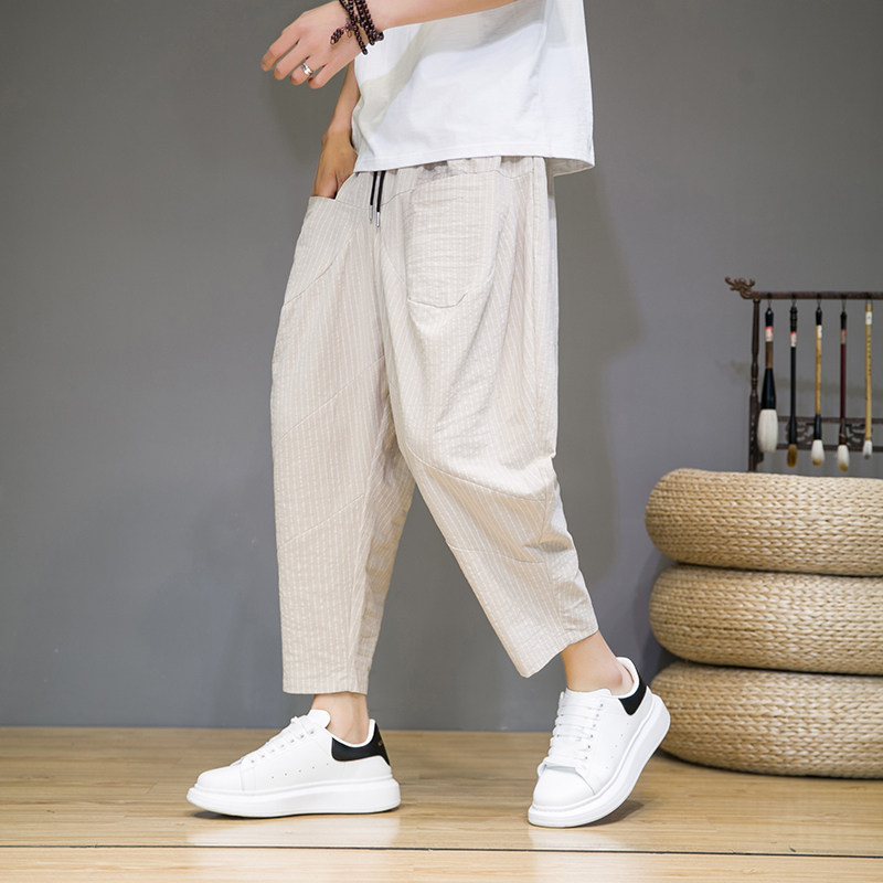 夏季风条纹七分裤男日系宽松哈伦裤子潮大码棉麻萝卜裤K96P40，男装牛仔裤，四季星座220-2