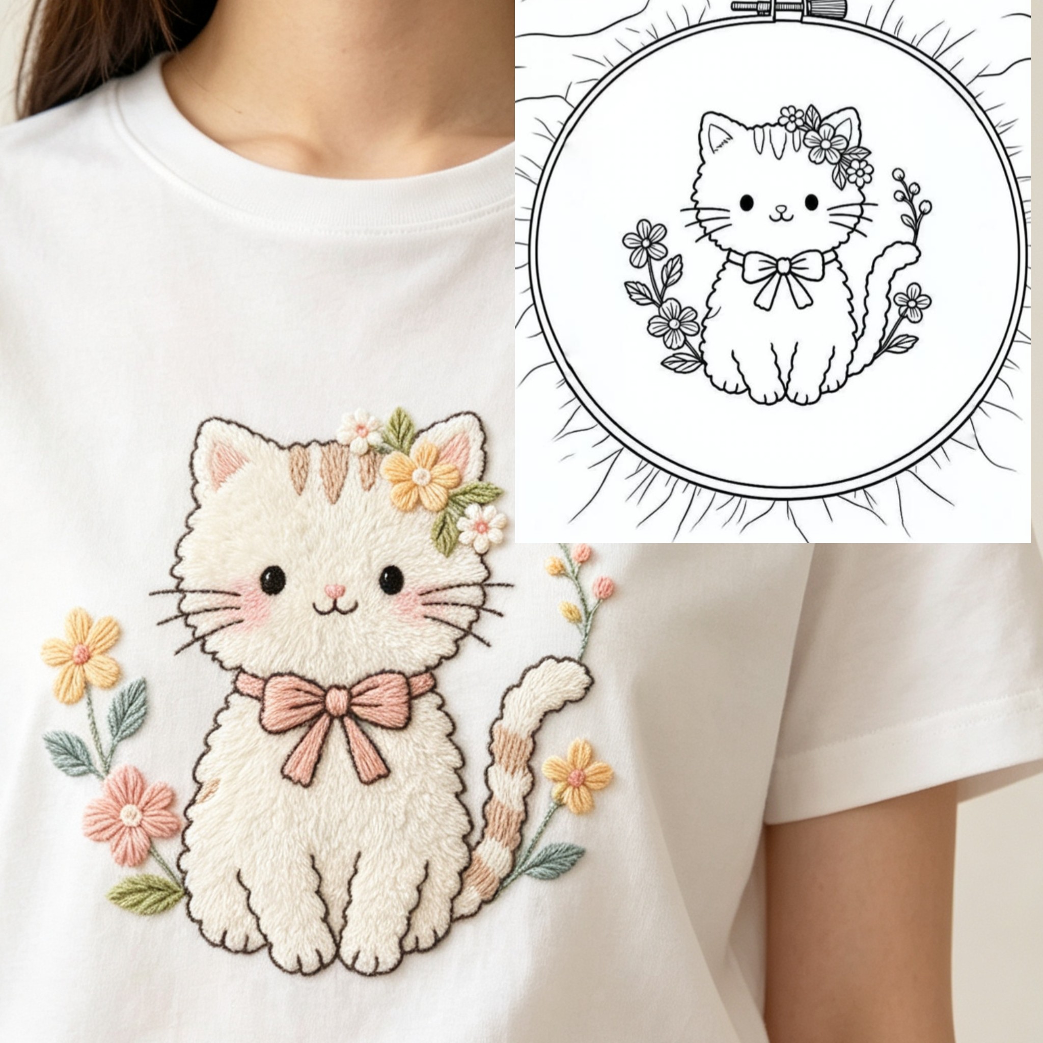 买2张送1张新款小猫小狗刺绣图短袖手工DIY材料贴带背胶图水溶布