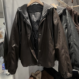 连帽假两件皮衣羽绒服外套女冬季 韩系休闲鸭绒内胆保暖夹克上衣潮