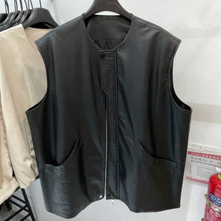 欧货宽松大版圆领PU皮衣马甲外套女2026新款春装休闲无领坎肩上衣