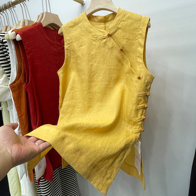 100%纯麻料国风斜扣旗袍背心女2025夏季新中式气质中长款无袖上衣
