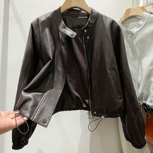 夹克外套 宽松百搭小个子短款 下摆抽绳柔软蛋白皮衣女2026春季 新款