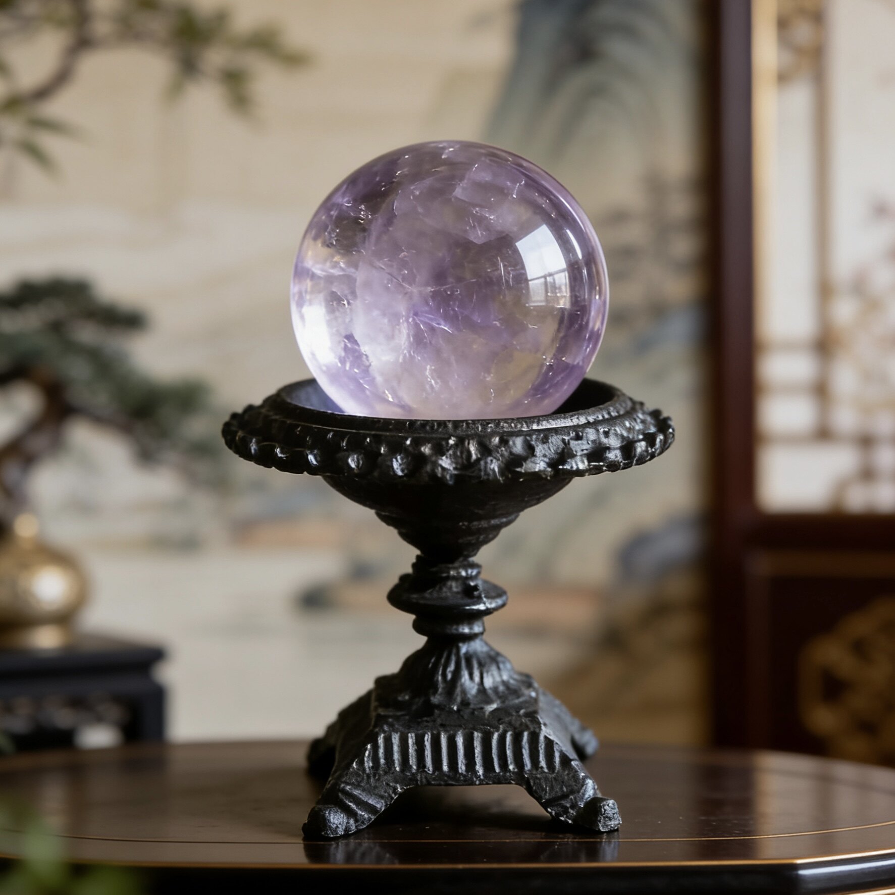 侘寂中古风黑色铸铁手工高脚水晶球底座稳重创意桌面客厅装饰摆件